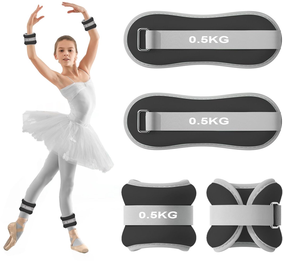 SnelShoppen - 2 stuks gewichtsmanchetten voor armen en benen, zwarte enkel- en polsgewichten van 0,5 kg voor Pilates, yoga, wandelen, joggen, aerobics