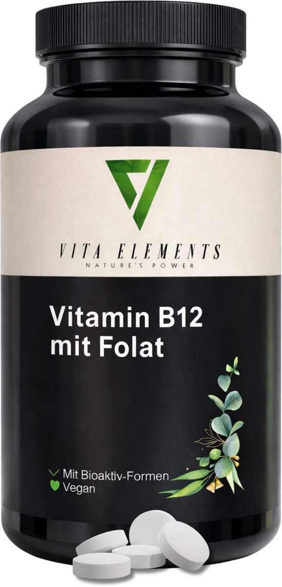 Vita Elements Vitamine B12 met Actief Foliumzuur (5-MTHF) Tabletten - Methylcobalamine - Veganistisch - Suikervrij - 180 Tabletten - Getest