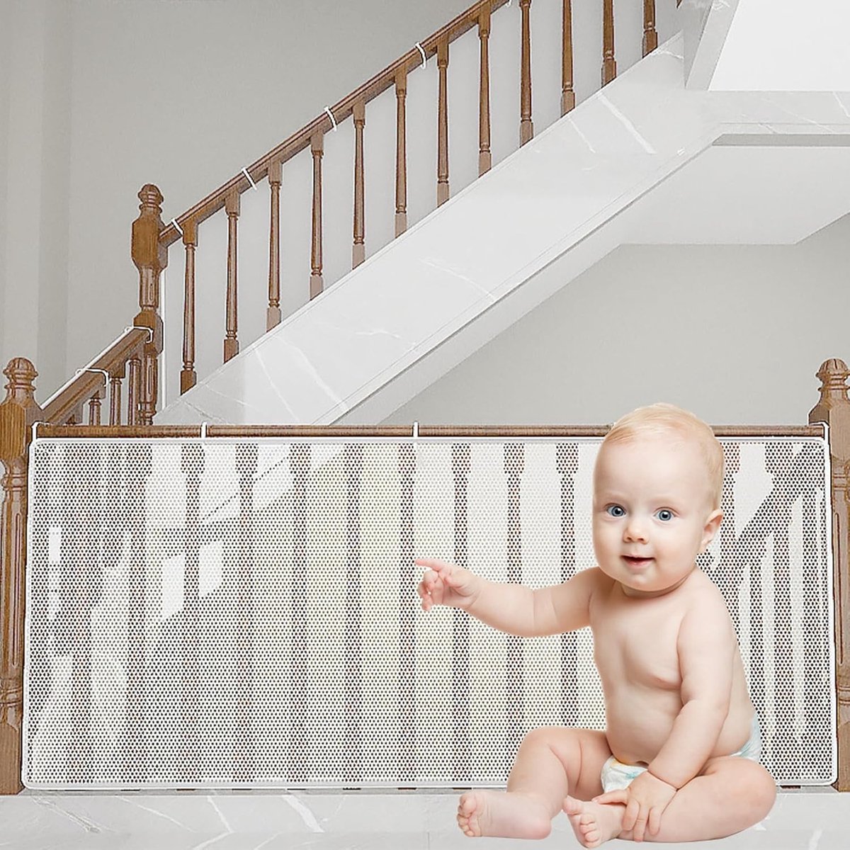 Veiligheidsnet voor trappen, trapbescherming voor kinderen en huisdieren, 300 x 79 cm, wit, nylon touw, lange gespriem