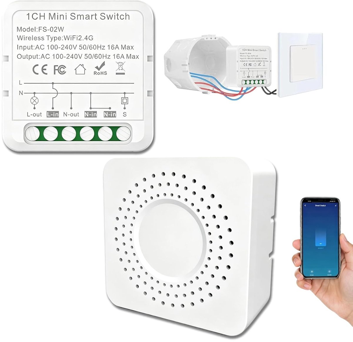 Slimme Wifi Lichtschakelaar voor Smart Home, 2,4G Mini Schakelaar, Compatibel met Tuya en Smart Life, 1-weg met Neutrale Geleider Vereist, Eenvoudige Installatie en Bediening