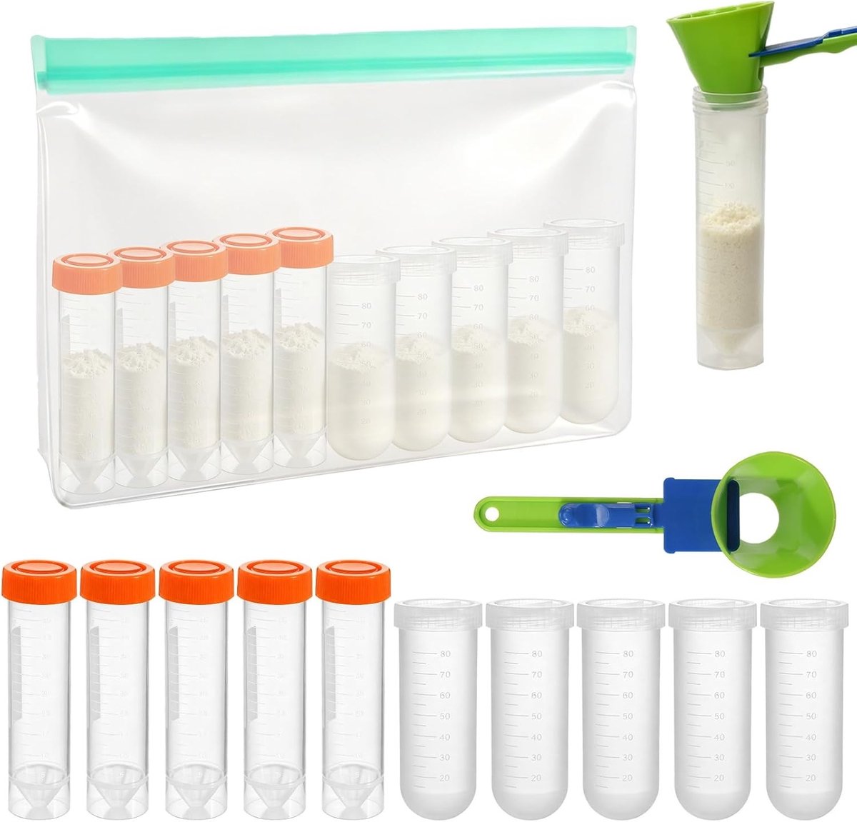 Herbruikbare poederportioneerset met 12 containers, ideaal voor eiwitpoeder, fitness en reizen, inclusief lepel en draagtas
