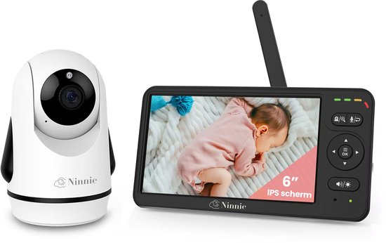 Zwarte babyfoon met een 6-inch IPS-scherm met een slapende baby, en een witte camera.