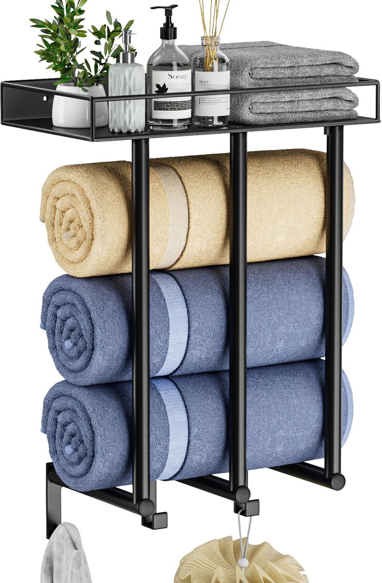 SnelShoppen - Handdoekenrek Wandgemonteerd met 3 Haken en Metalen Plank - Badkamer Organizer voor Badhanddoeken, Kleine Ruimte, Compact Design