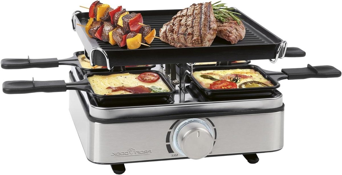Raclette Grill - 4 Persoons - Gezellig Eten - Omkeerbare Gietplaat - 800 Watt - Zwart