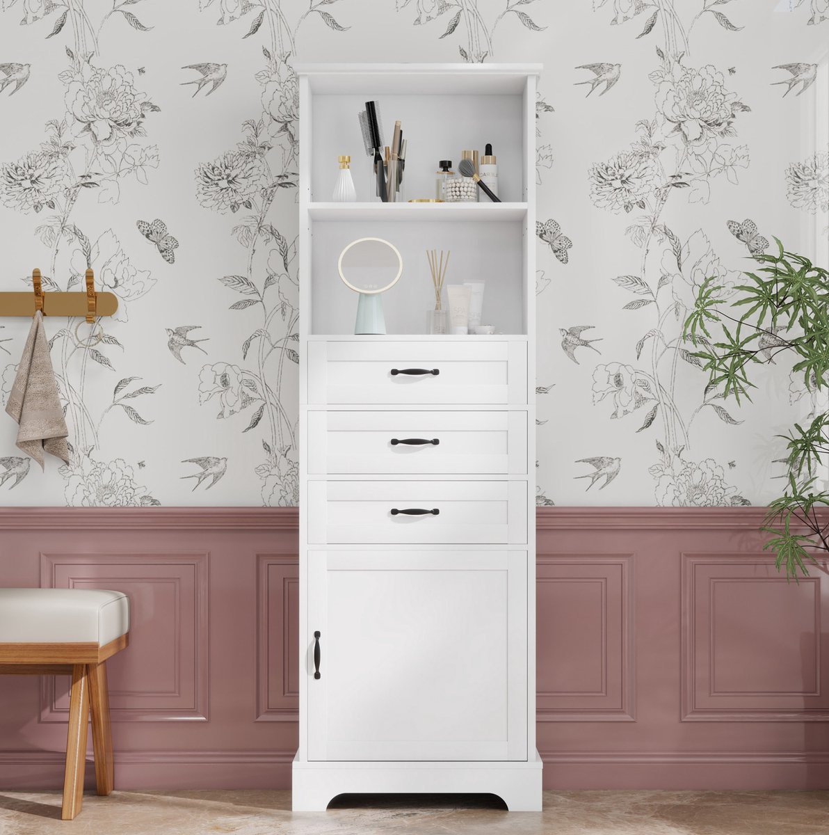 MODENUIT Kast - Badkamerkast Met 3 Lades, Open Vakken En Verstelbare Plank - MDF - Wit - 5