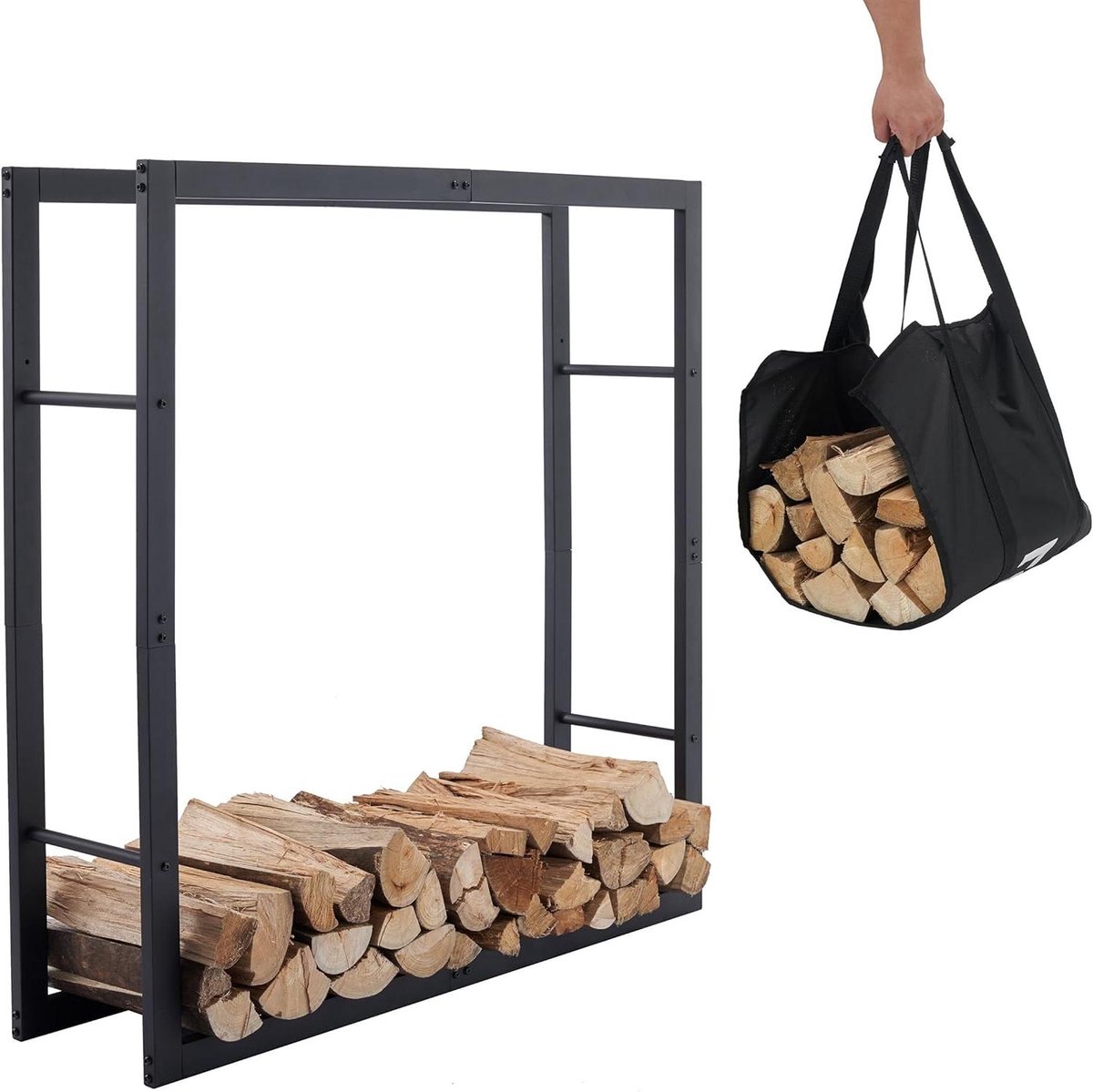 Houthaard Rek - Hout Opslag - Binnen Buiten Gebruik - Inclusief Draagtas - 100x25x100cm - Zwart