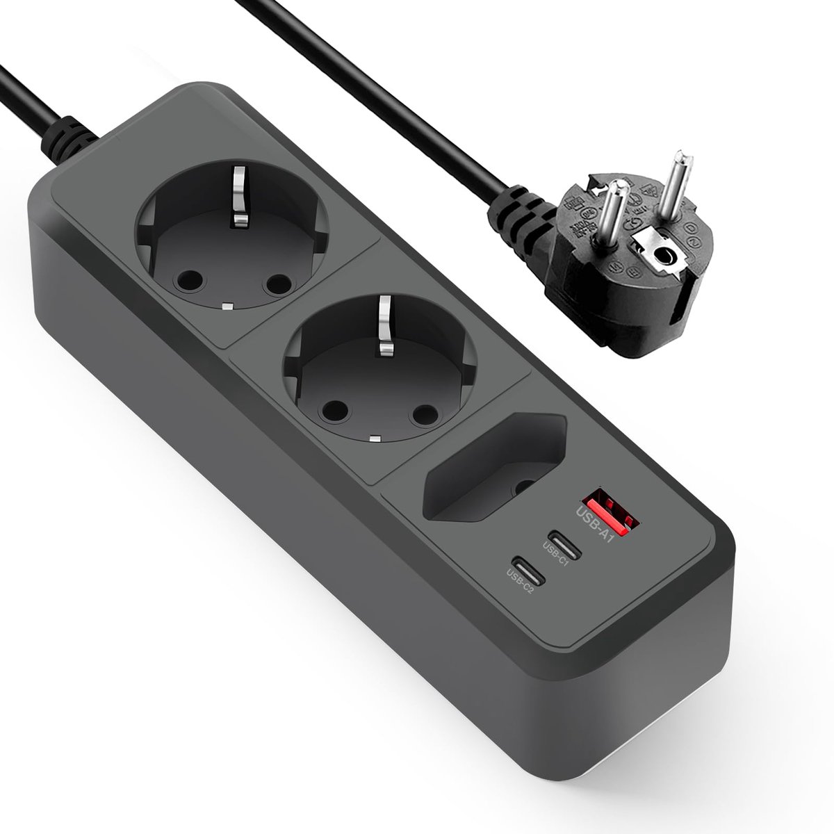 SnelShoppen - Stekkerdoos met 4 USB Poorten, Maximaal 2500 W, 16 A, Met USB-C Aansluiting, Wandmontage, Schakelaar voor Smartphones en Laptops