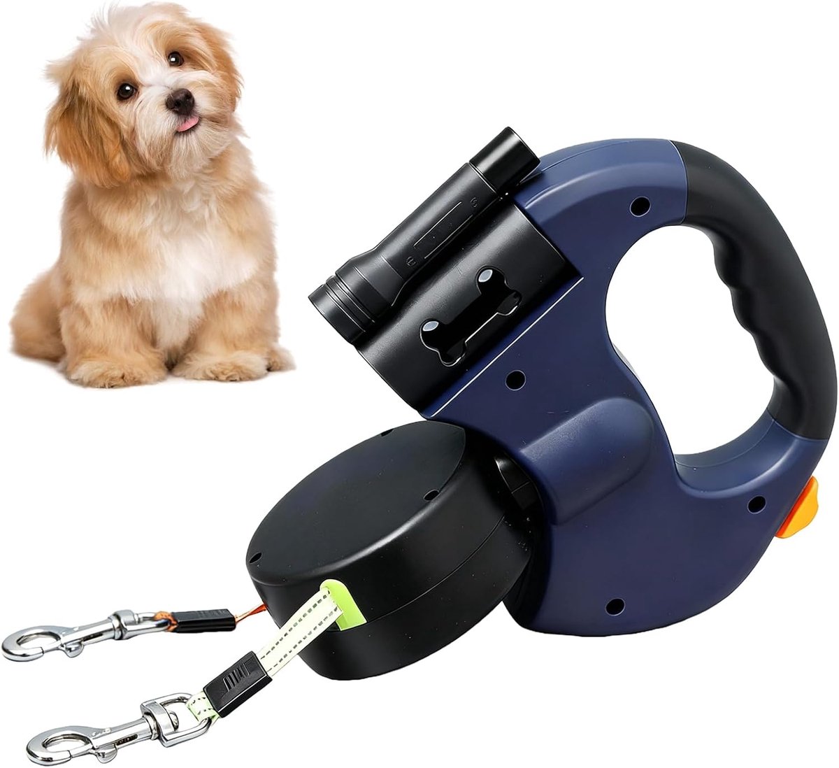 SnelShoppen - Intrekbare hondenriem voor 2 honden, 3m dubbele lijn met licht, antislip handvat, uitschuifbaar, rollijn voor kleine en middelgrote hond