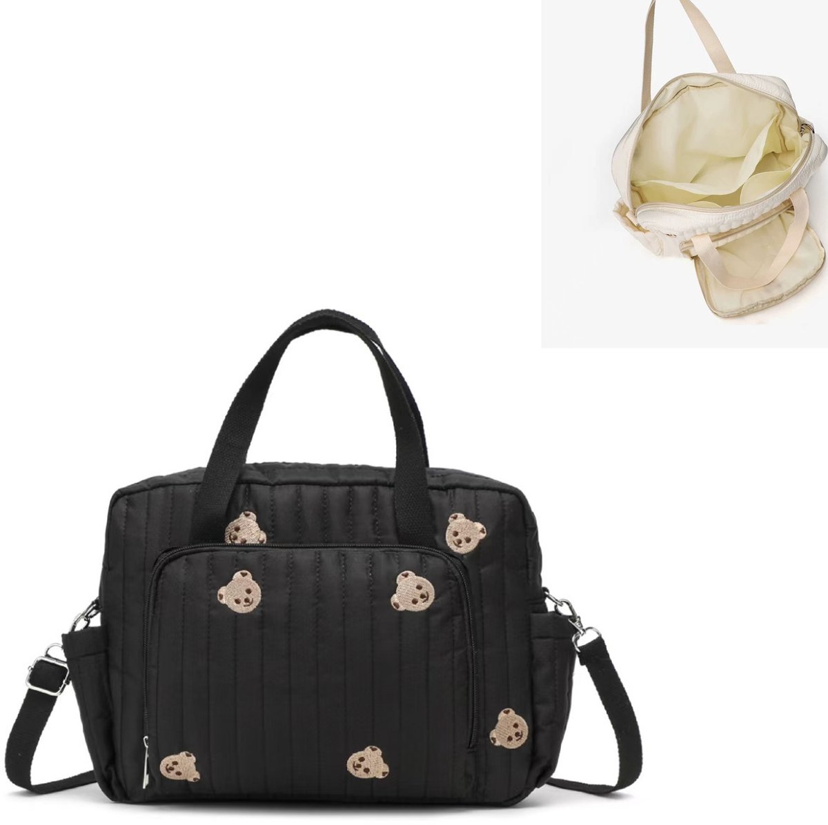 KZQ Gestepte luier tas tote met bloemenprint - Grote capaciteit katoenen babybag met meerdere vakken - Zwart met berenprint