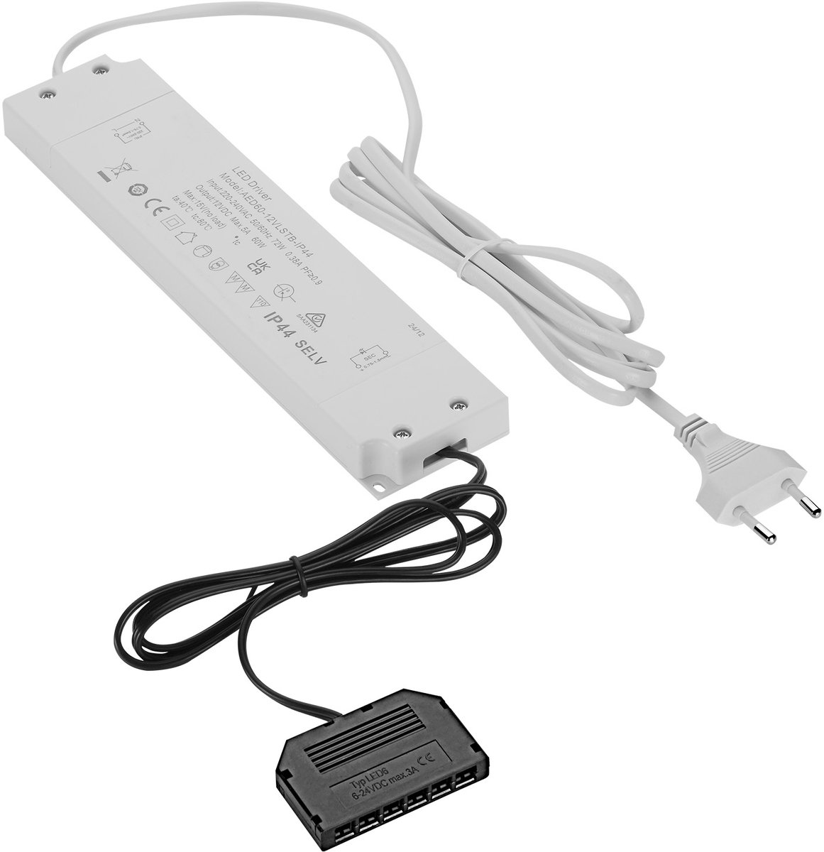 SOTECH LED transformator 12 VDC / 60 W voedingseenheid met 6-weg verdeler LED transformator LED driver voedingseenheid