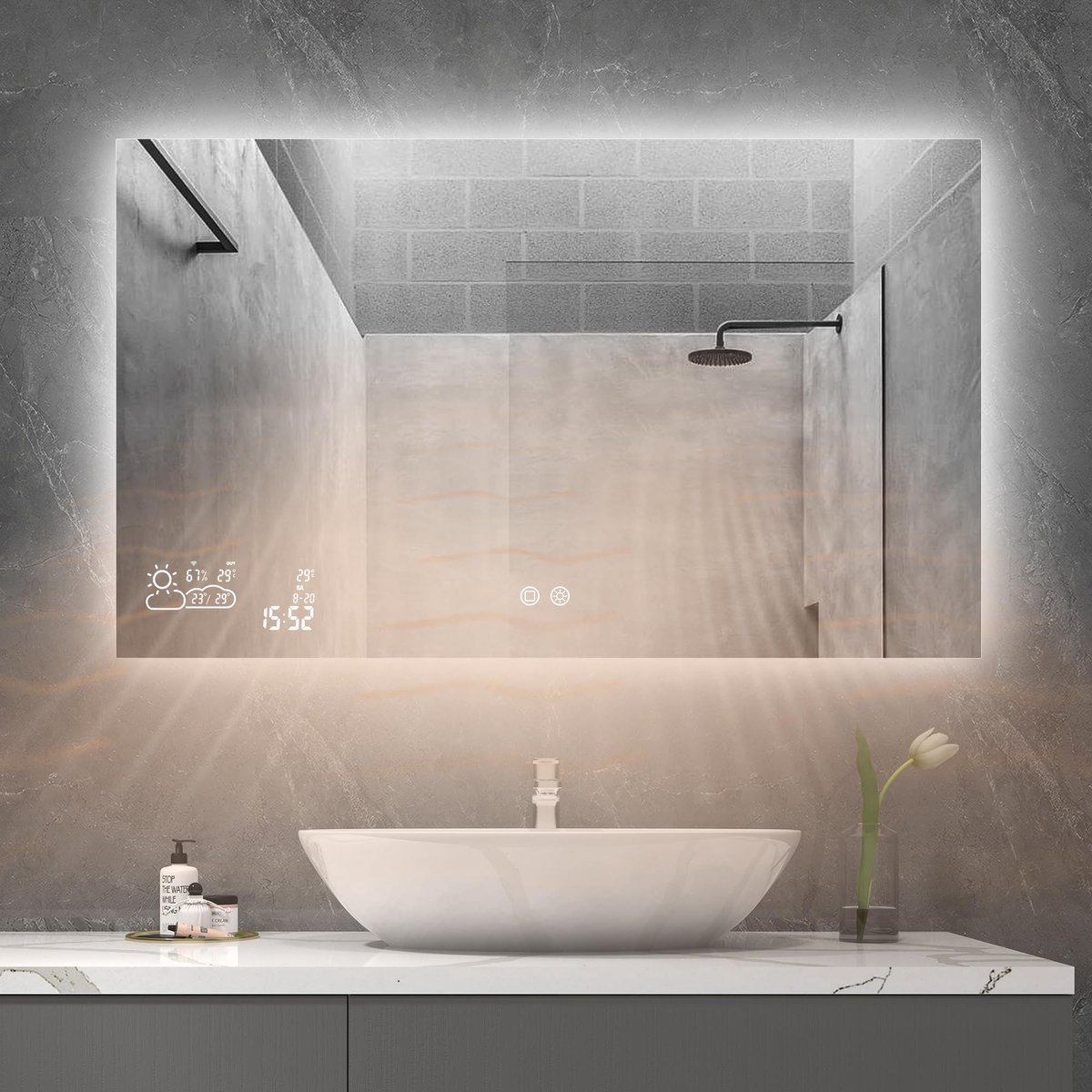 SnelShoppen - Badkamerspiegel met LED-verlichting 100x60 cm, Spiegelverwarming, Weerstation, Wifi, Touch-schakelaar, Condensvrij, Horizontaal Design v