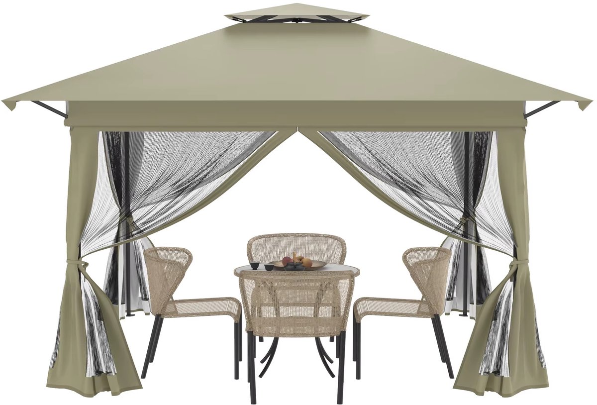 Easy up Paviljoen 3x3m - Pop-up Partytent – Opvouwbare Partytent met Dubbel Dak & Muggengaas – UV-Beschermend 210D Oxford – In 3 Hoogtes Verstelbaar – Inclusief Draagtas