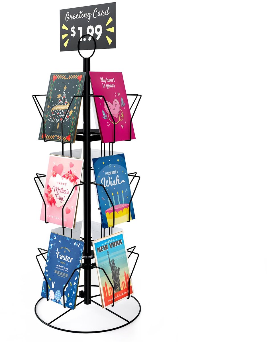 SnelShoppen - ANBOXIT Ansichtkaartenstandaard, draaibare ansichtkaarthouder voor wenskaarten, 12 Display Zakken, zwart, ideaal voor vakantie-cadeaubon