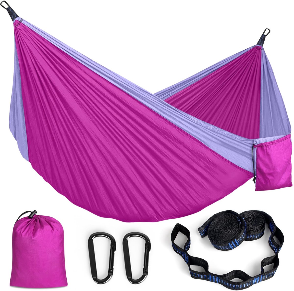 SnelShoppen - Campinghangmat Ultraleicht Parachutehangmat met Karabijnhaken en Boomriemen - 295 x 140 cm - 350 kg Draagkracht - Roze en Paars voor Tui