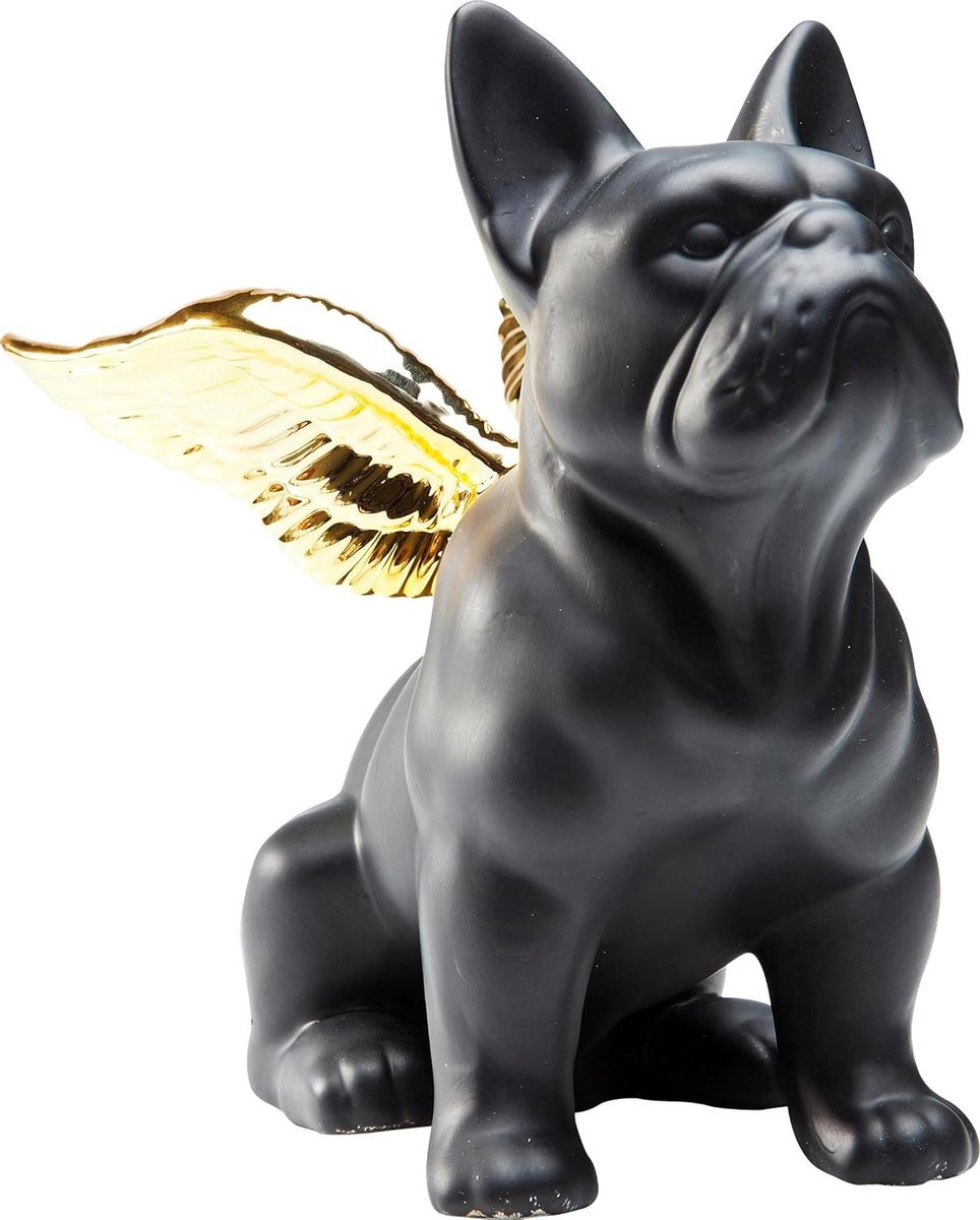 Zittende Engel Hond - Decoratief figuur - Woonkamer decoratie - Gouden vleugels - 22 x 12 cm - Zwart