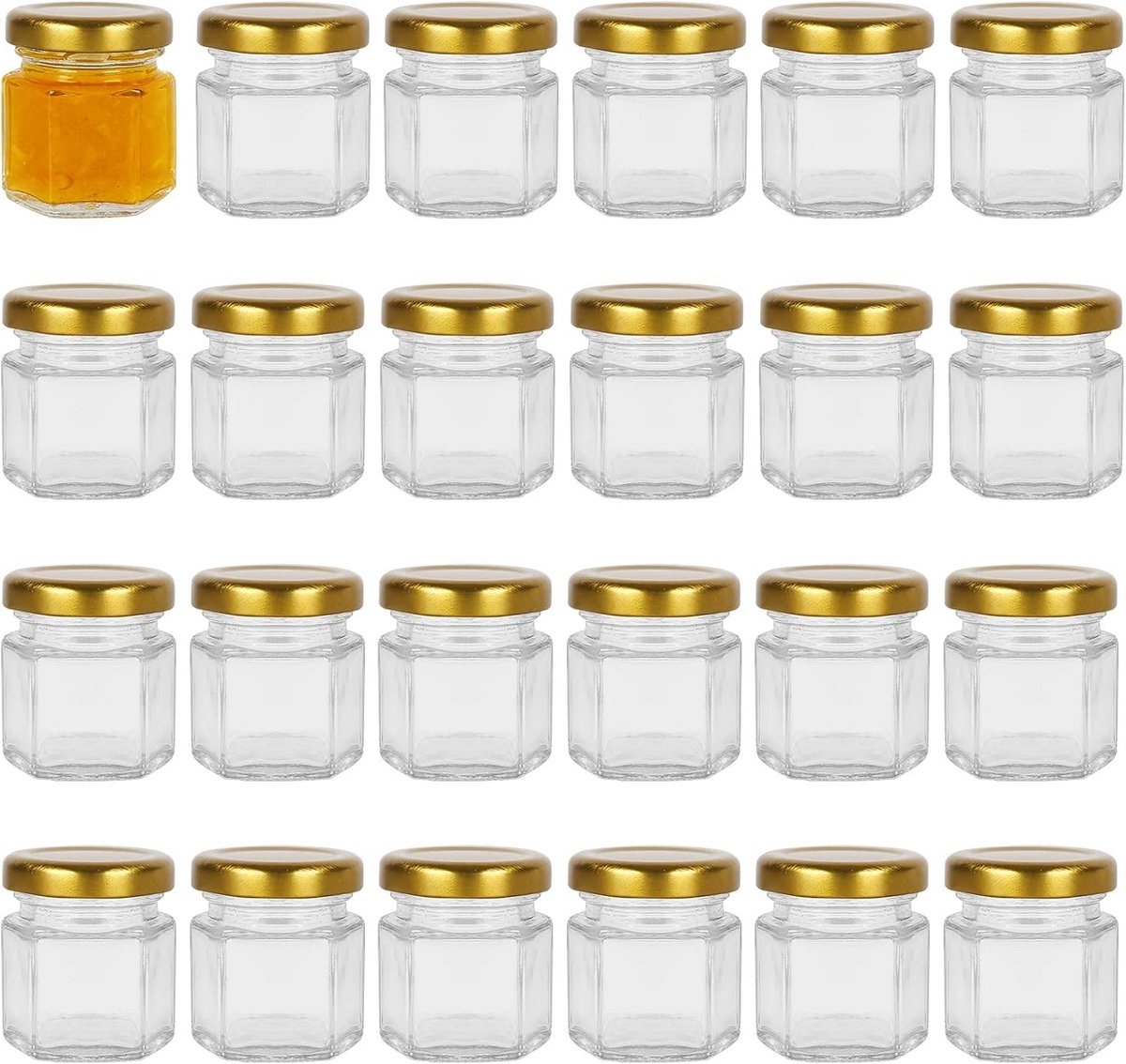 Set van 24 hexagonale glazen jampotjes van 45 ml met gouden schroefdeksels voor het bewaren van jam, fruit, noten, specerijen en handgemaakte desserts