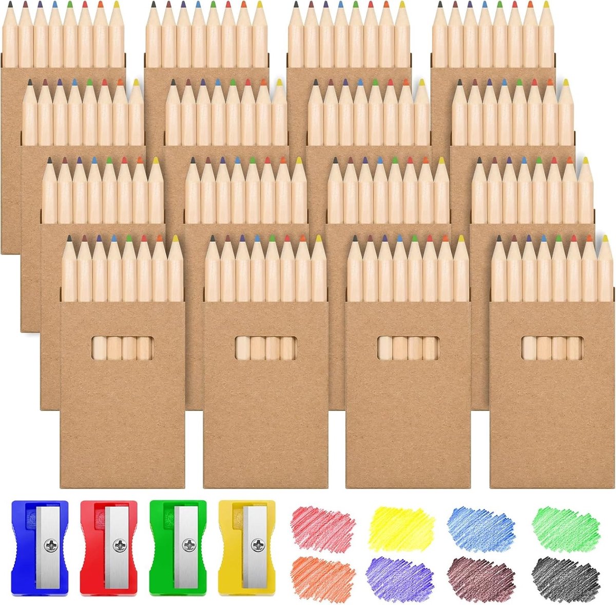 Set van 16 Kleurpotloden, Inclusief 8 Kleurpotloden, 128 Houten Potloden en 4 Puntenslijpers voor Creatieve Projecten