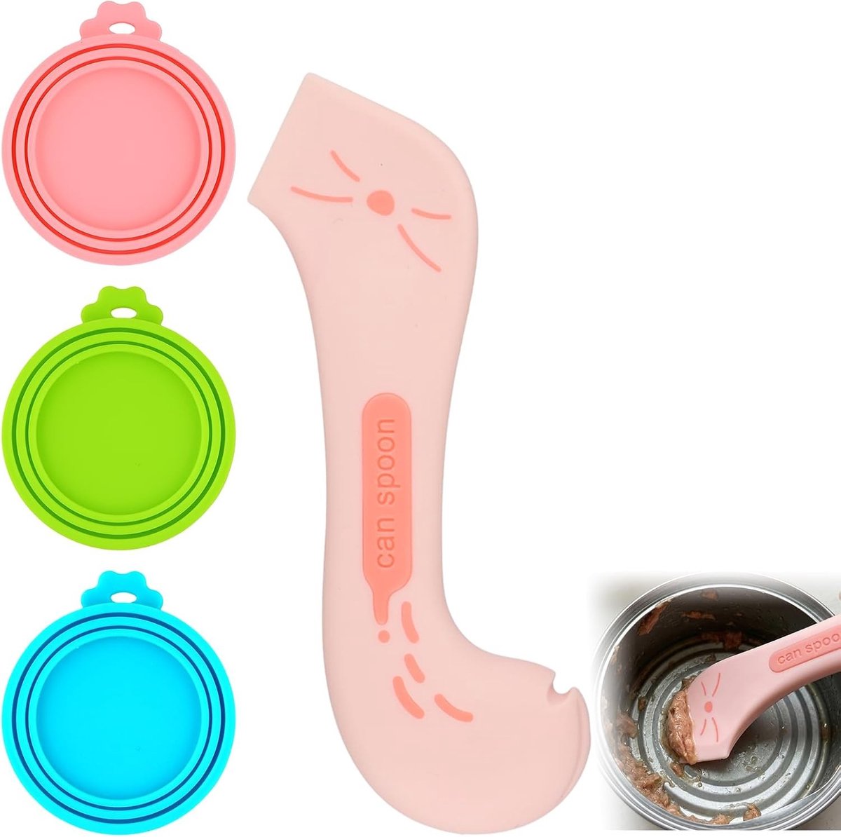 Multifunctionele siliconen deksels voor huisdieren, 3 stuks met lepel voor katten- en hondenvoer, universeel en praktisch voor voederdozen