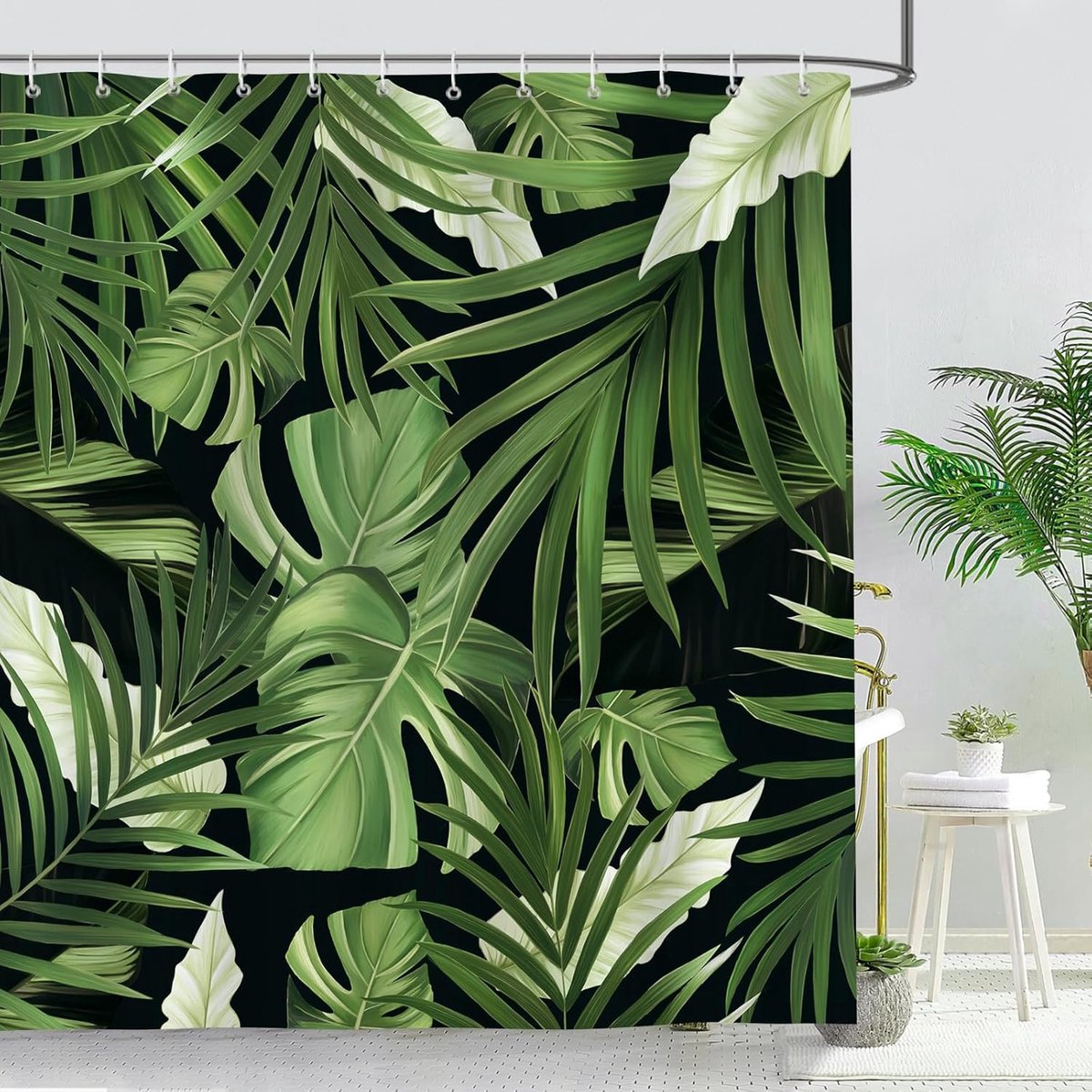 SnelShoppen - Douchegordijn Tropische Palmbladeren 180 x 200 cm - Schimmelwerend, Waterdicht, Polyester, Wasbaar, Badkamergordijn met 12 Haken voor Ba