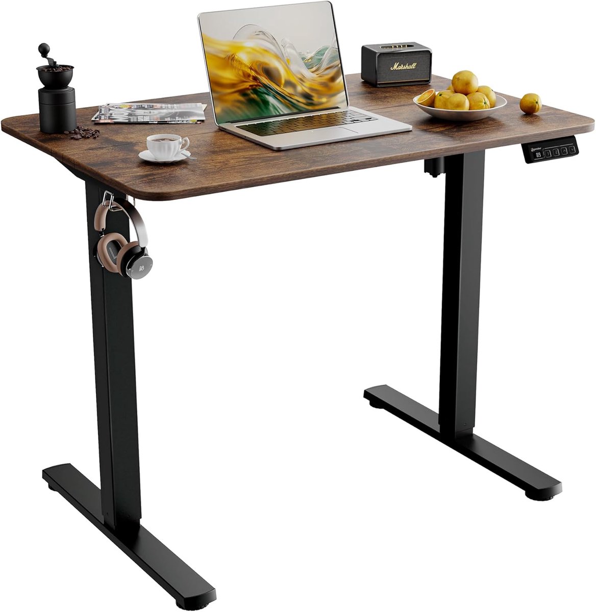 SnelShoppen - Ergonomisch Elektrisch Bureau 90x60cm, Verstelbaar Zit-Sta Bureau met 2 Geheugenposities, 2 Haken, Voor Thuis & Kantoor, Roestbruin
