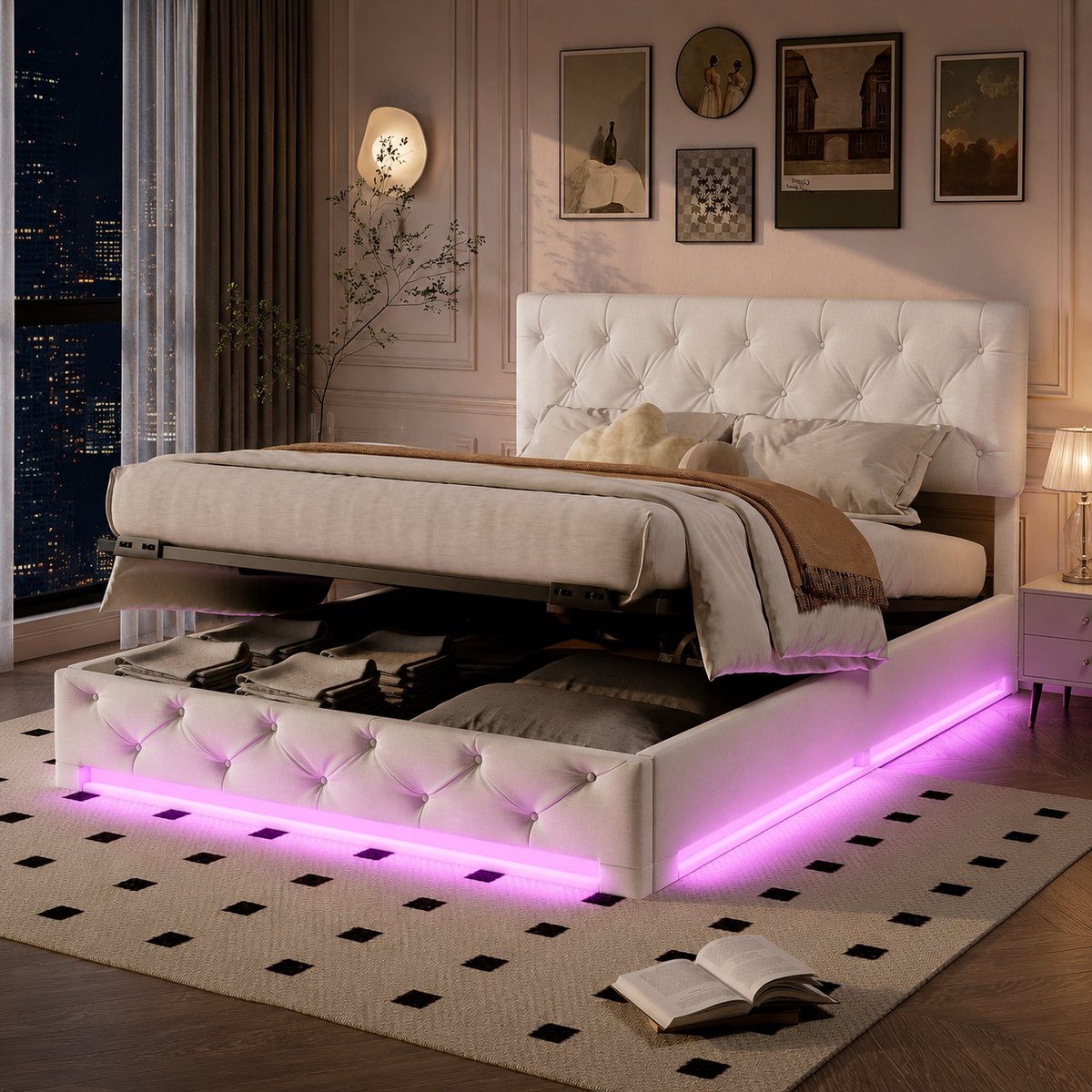 MEXUS Opbergbed 140x200 cm met ledverlichting - Gestoffeerd tweepersoonsbed met opbergruimte - Bedframe met verstelbaar hoofdeinde en lattenbodem - linnen Beige