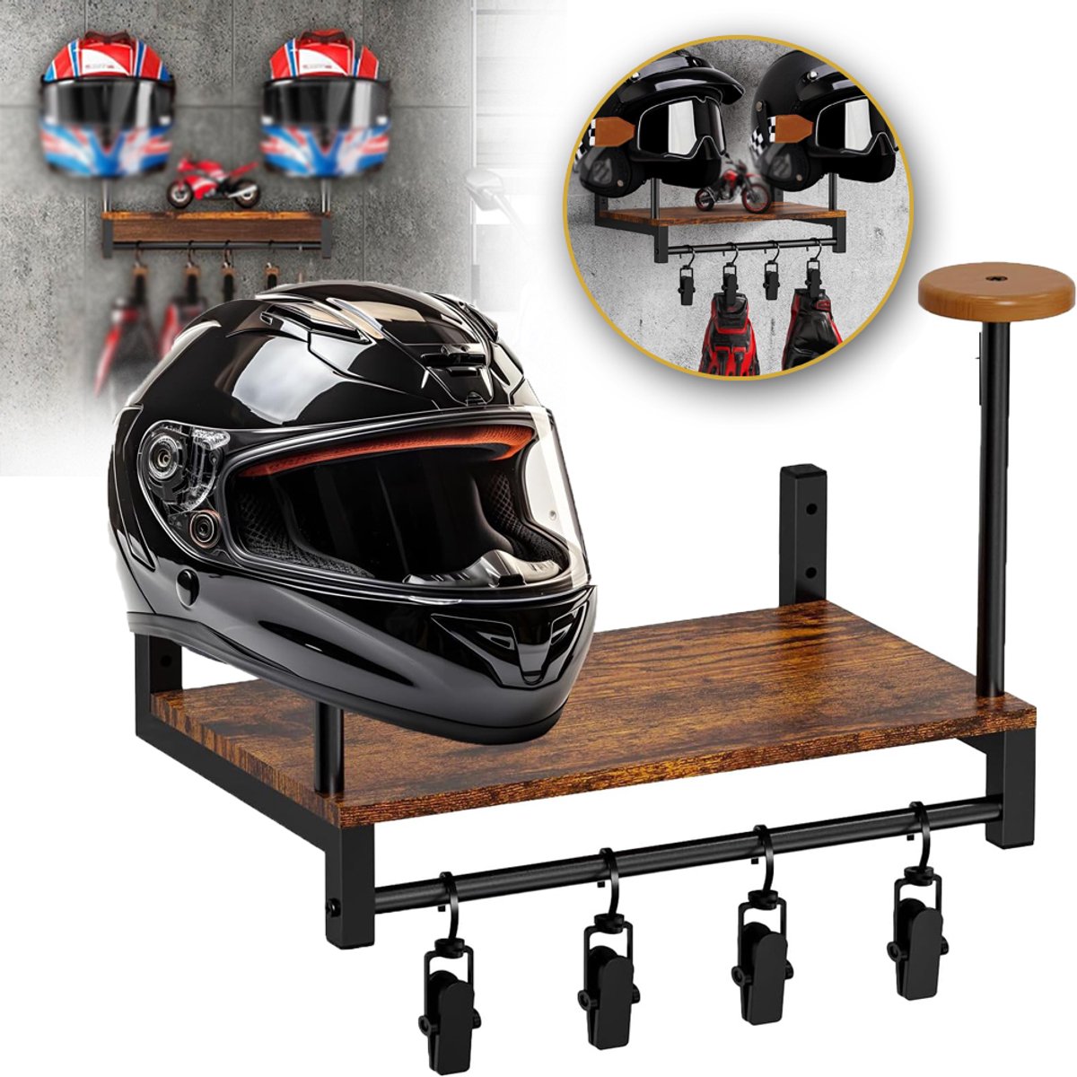Wandgemonteerde Helm- En Kapstok Met 4 Haken En Plank - Draagvermogen 20 kg Hout En Metaal Rustiek Design - Ideaal Voor Motor- Fiets- En Sportkleding