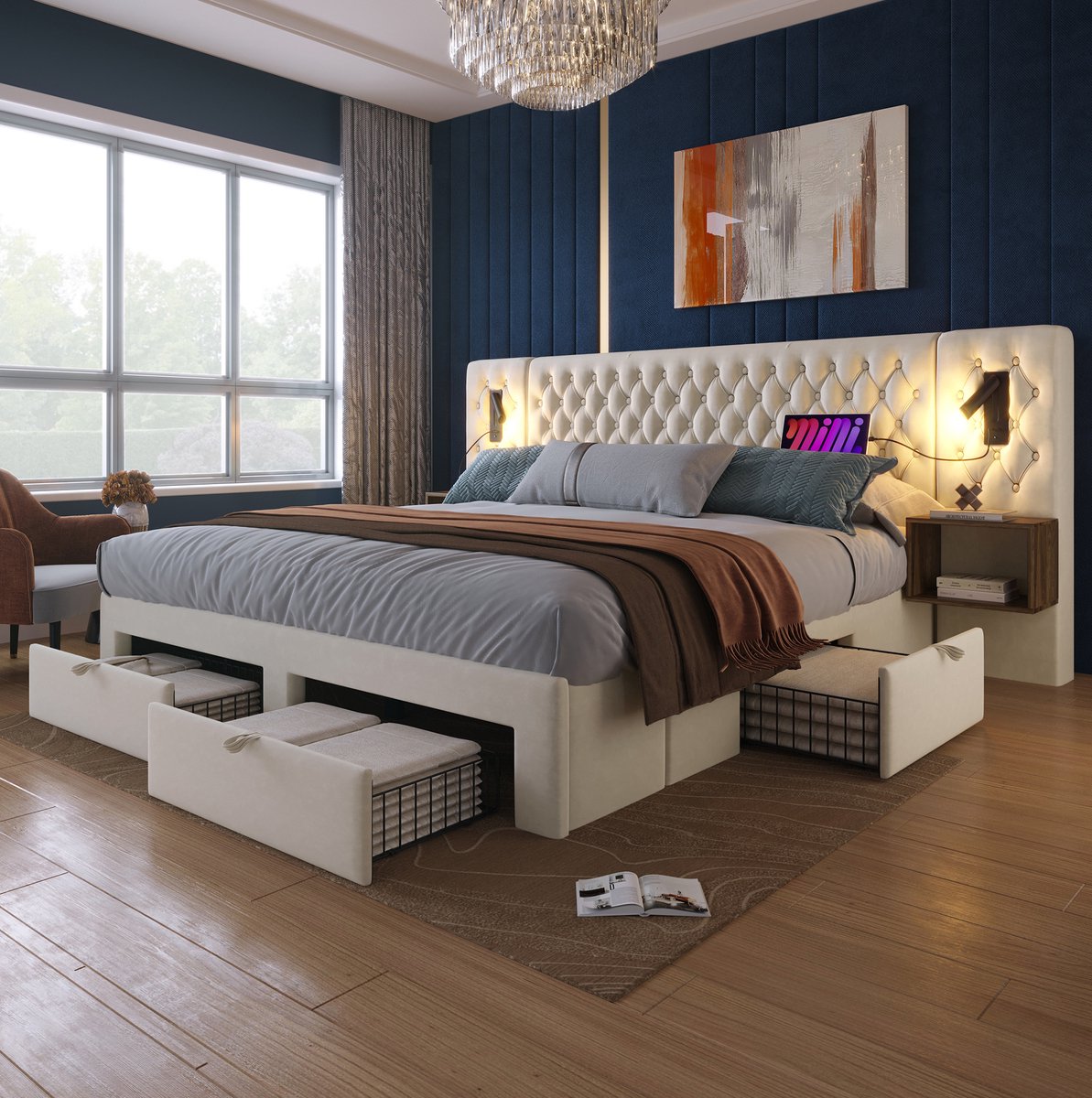 COVREO Bed 180x200 cm beige, velvet met 2 nachtkastjes en 4 lades