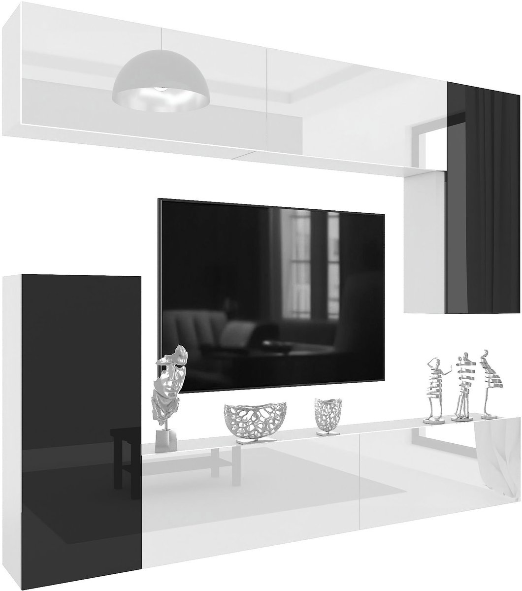 BELINI Wandmeubel Milano 8 250 cm Wit/Zwart Hoogglans - TV-Wand Greeploos - Moderne Woonwand met Gasliftsysteem - Modulair TV-Meubel