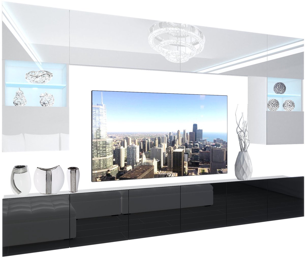 BELINI Wandmeubel NEX 1 - TV-Wandkast Set met LED-Verlichting Wit / Zwart - Hoogglans Fronten