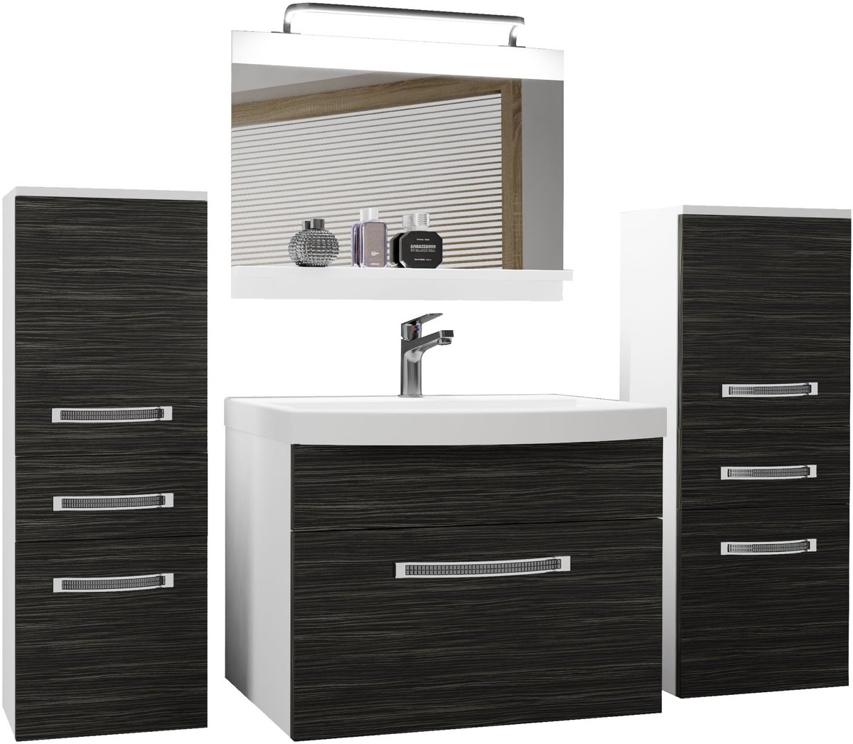 BELINI Badkamermeubel Set GLA M 4 - Badmeubelset 140 cm Koninklijk Ebbenhout Mat met Wastafel, Spiegel en LED Lamp - Wandmontage