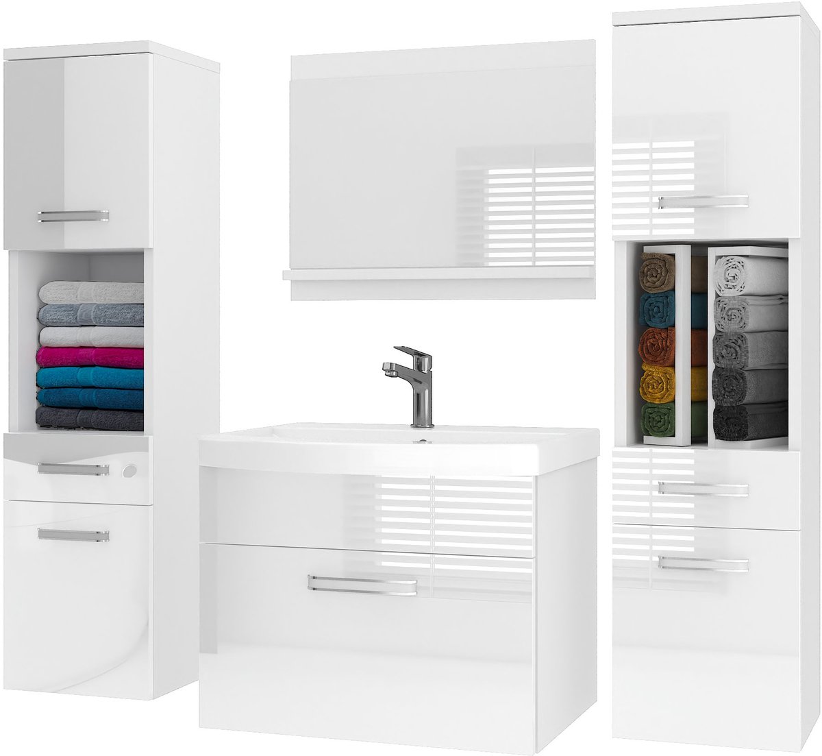 BELINI Badkamermeubel Set PRI P6 - Badmeubelset 120 cm Wit Hoogglans met Wastafel en Spiegel - Wandmontage