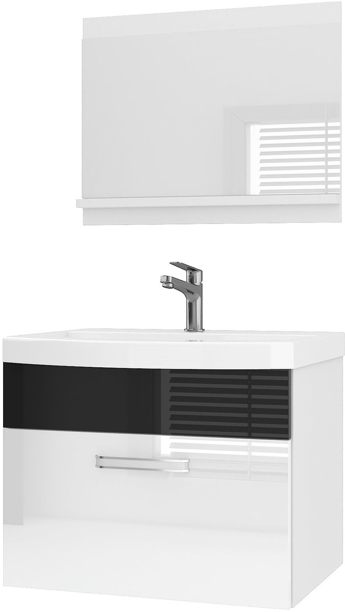 BELINI Badkamermeubel Set PRI P1 - Badmeubelset 60 cm Wit/Zwart Hoogglans met Wastafel en Spiegel - Wandmontage