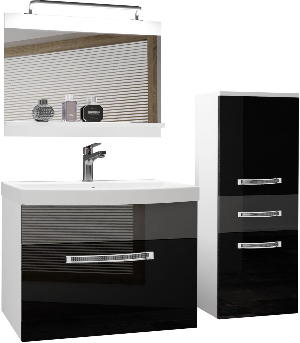 BELINI Badkamermeubel Set GLA P 2 - Badmeubelset 100 cm Zwart/Zilver Hoogglans met Wastafel, Spiegel en LED Lamp - Wandmontage