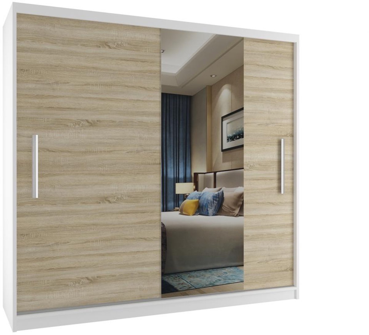 BELINI Verona MSE Schuifdeurkast 200 cm Wit/Sonoma Eiken Mat - Kledingkast met Spiegel - Comfort Line Slaapkamerkast