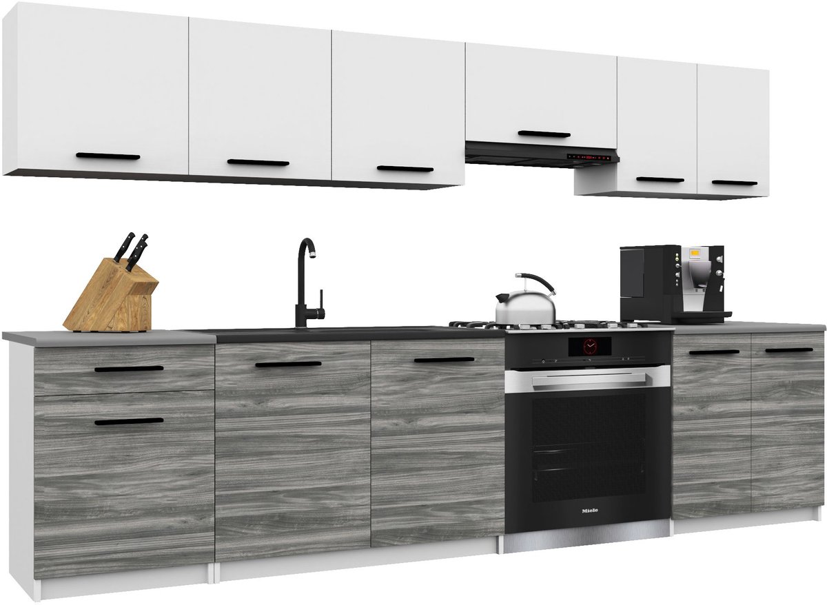 BELINI Keukenblok ITALIA 2 - Keukenmeubel Set 240 cm Wit-Grijs Glamour Mat met Werkbladen - Boven- en Onderkasten