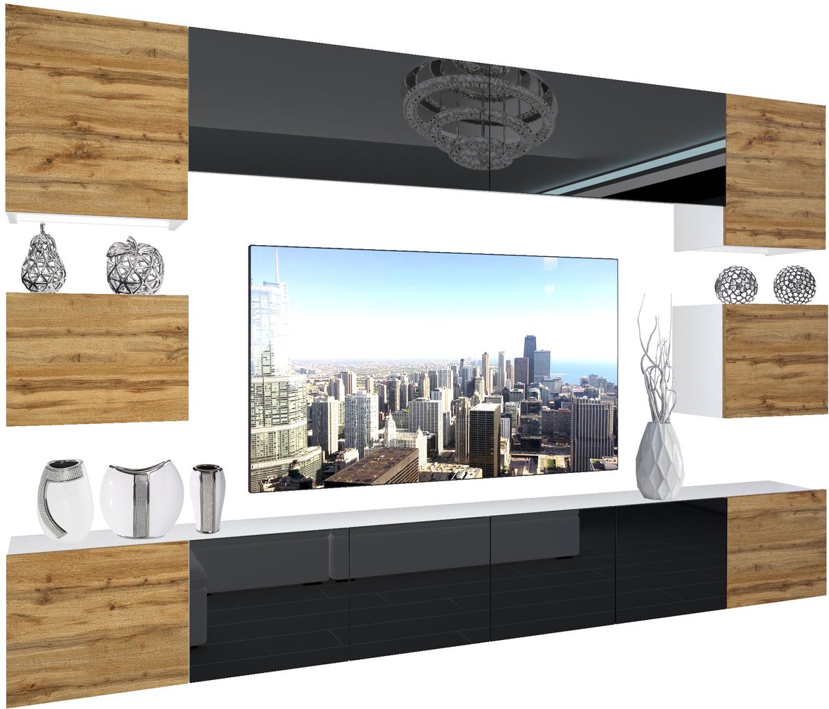 BELINI Wandmeubel NEX 3 - TV-Wandkast Set met LED-Verlichting Wotan Eiken / Zwart - Hoogglans Fronten