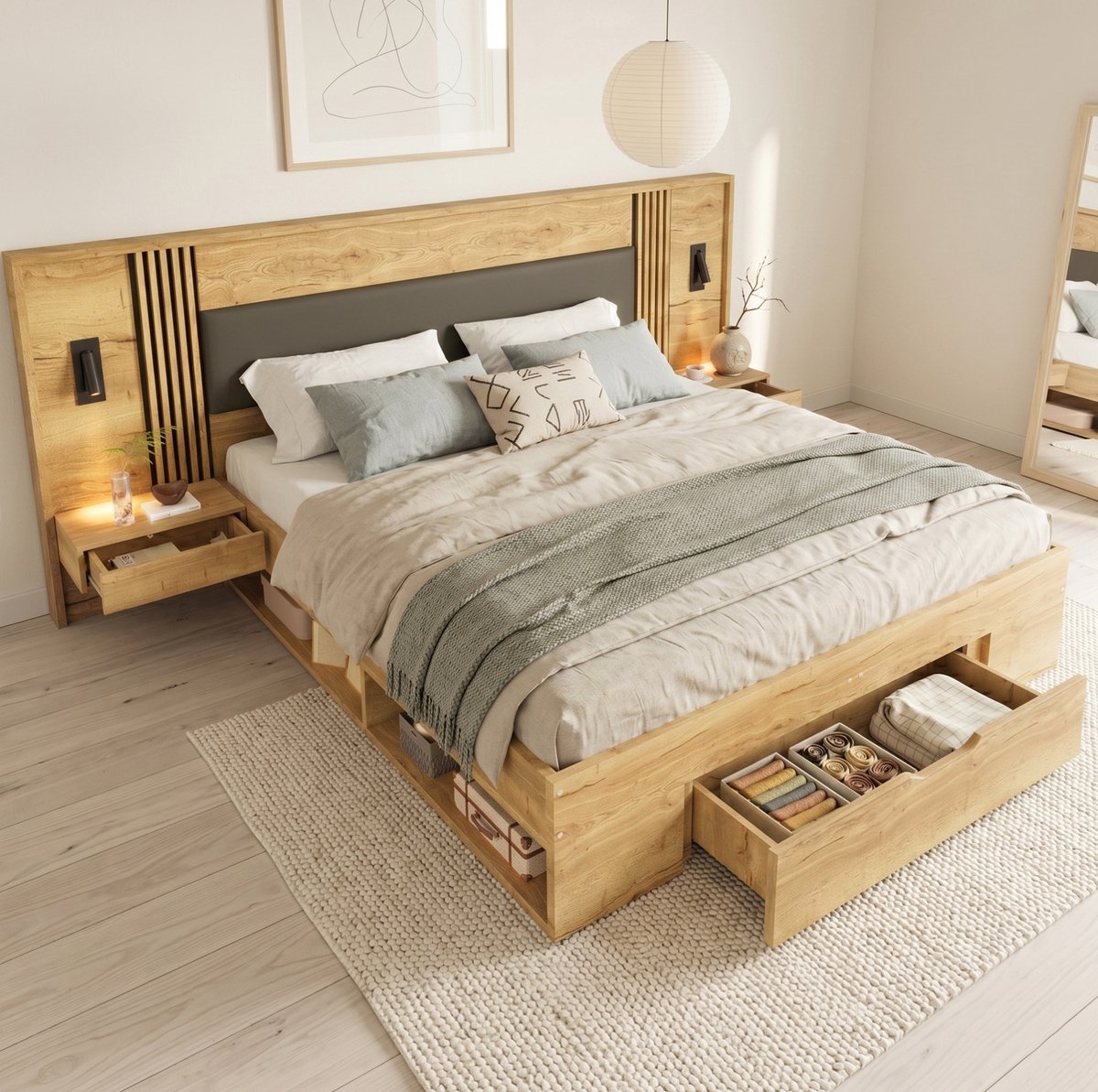 DESMIU Bed 160x200 cm – Tweepersoons Stauraumbed Met Leeslampen – 2 Nachtkastjes En Lade – Voor Slaapkamer – MDF – Naturel – Zonder Matras Natural