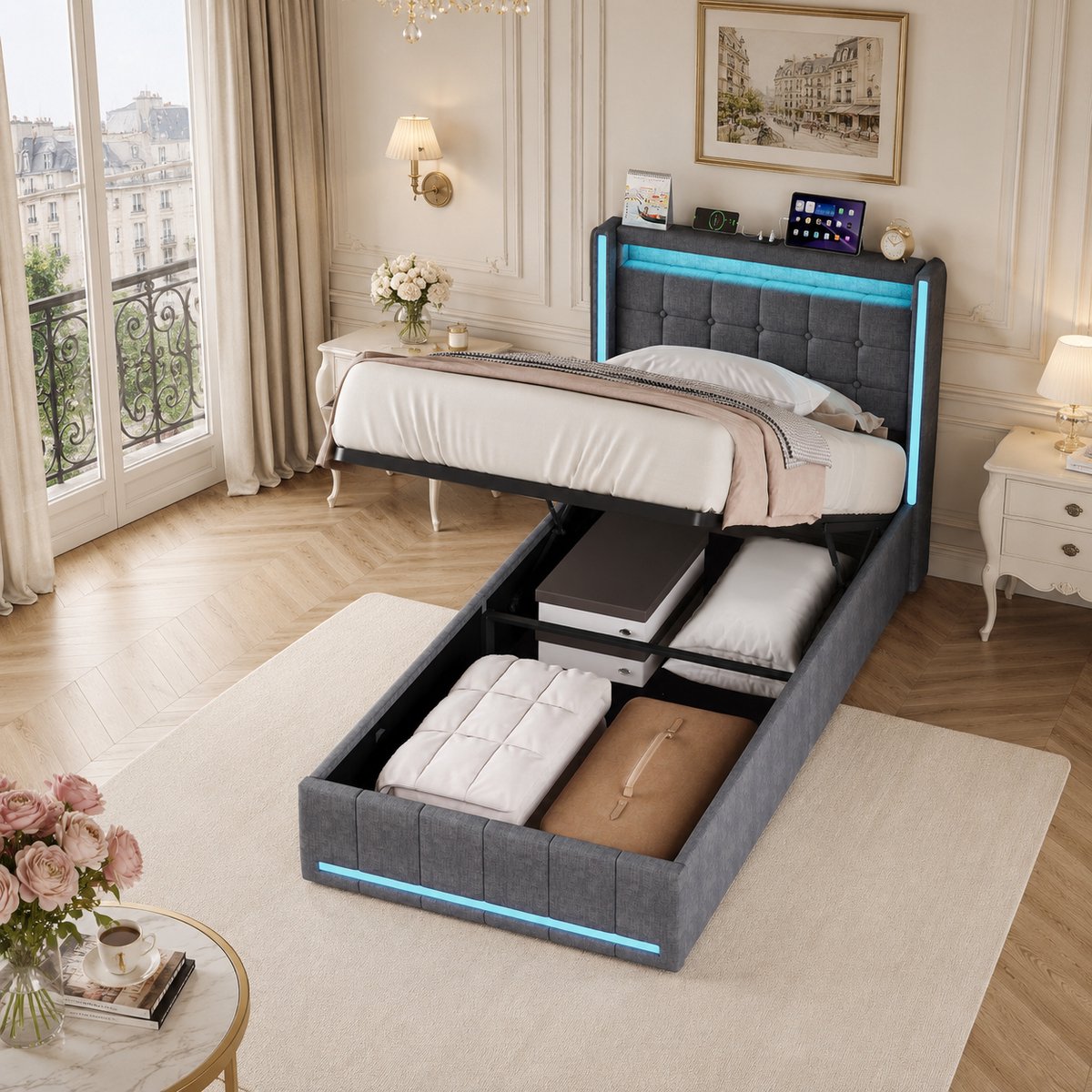 Opbergbed 90x200 cm met ledverlichting en USB-aansluiting, Eenpersoonsbed met hydraulische opbergruimte, gestoffeerd frame, hoofdbord en lattenbodem, linnen Grijs