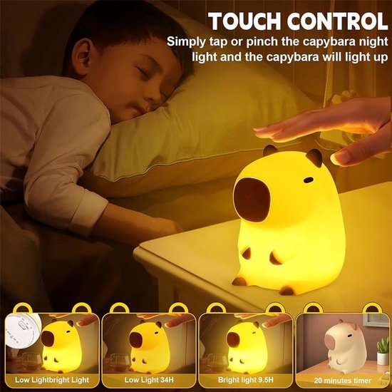 Nachtlampje voor kinderen met capibara-thema, bedlampje in de vorm van een capibara, met aanraakbediening, draagbaar, oplaadbaar, dimbaar, perfect verjaardagscadeau voor jongens en meisjes. van SKIEHAN — afbeelding 2
