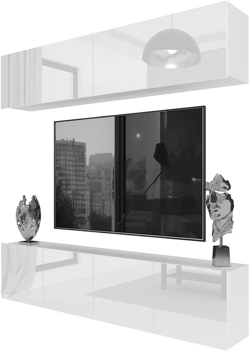 BELINI Wandmeubel Milano 6 200 cm Wit Hoogglans - TV-Wand Greeploos - Moderne Woonwand met Gasliftsysteem - Modulair TV-Meubel