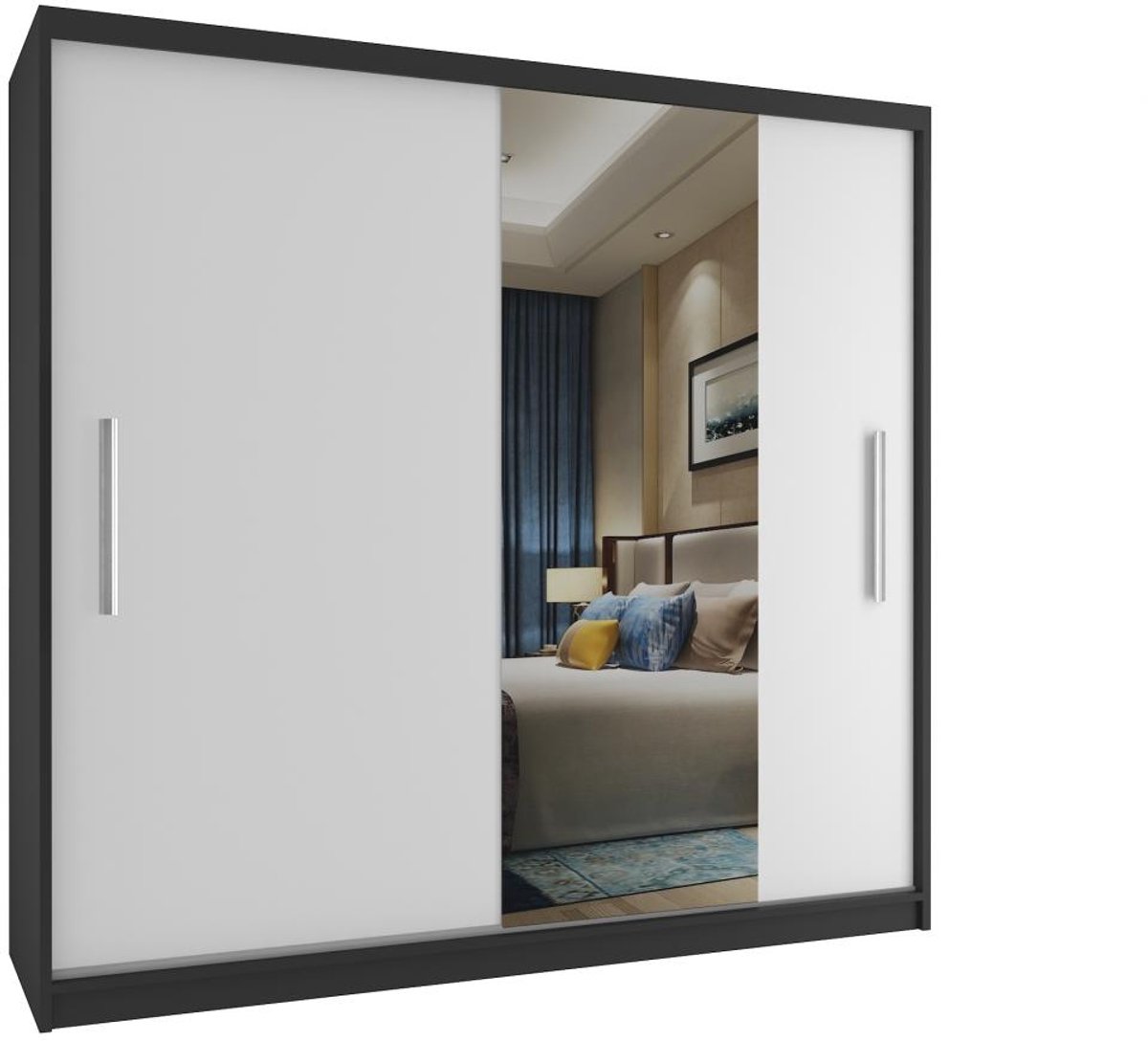 BELINI Verona MSE Schuifdeurkast 200 cm Zwart/Wit Mat - Kledingkast met Spiegel - Comfort Line Slaapkamerkast