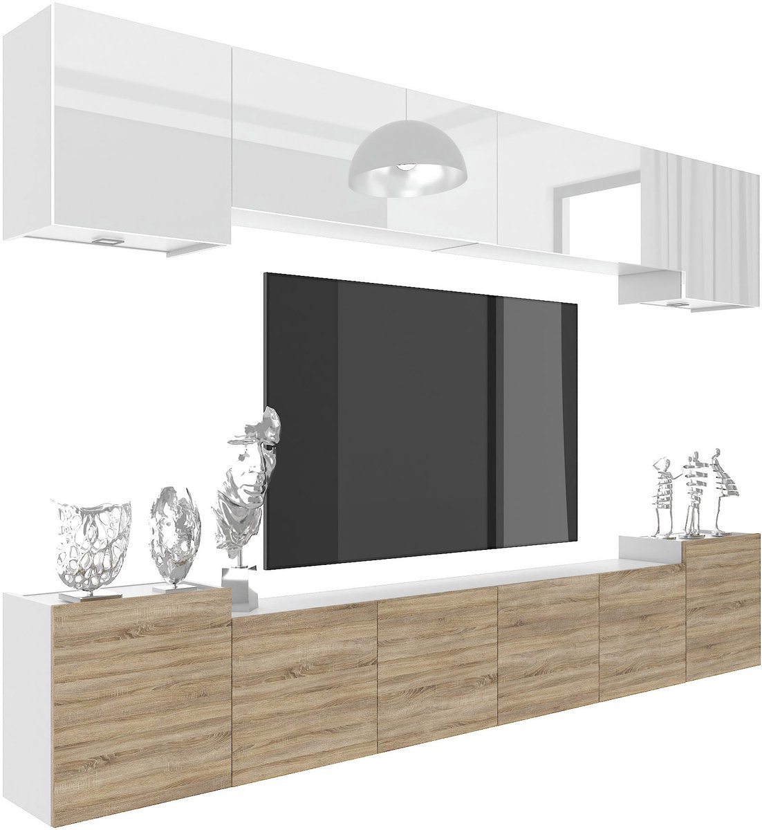 BELINI Wandmeubel Milano 4 300 cm Wit/Sonoma Eiken - TV-Wand Greeploos - Moderne Woonwand 