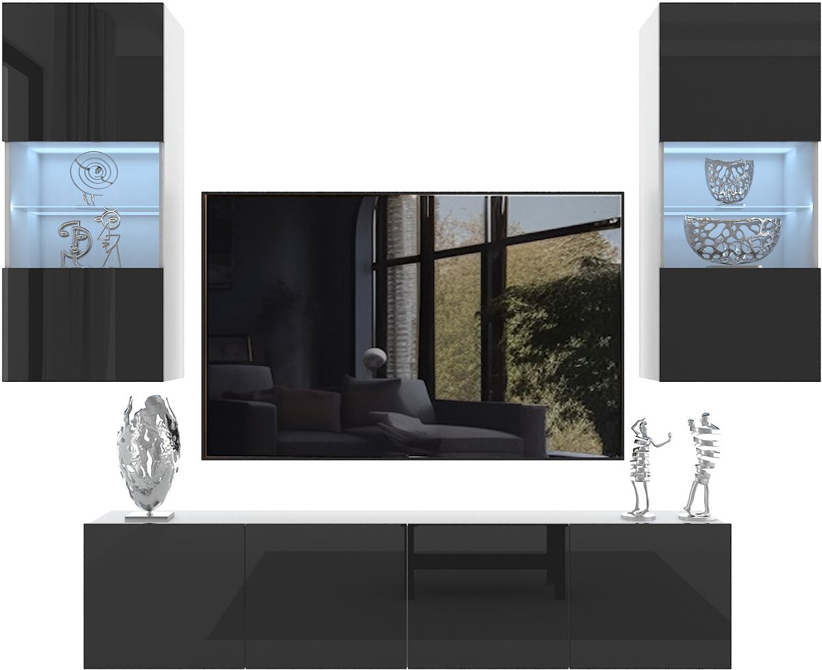 BELINI Wandmeubel Milano 7 200 cm Zwart Hoogglans - TV-Wand Greeploos - Moderne Woonwand met Gasliftsysteem - Modulair TV-Meubel