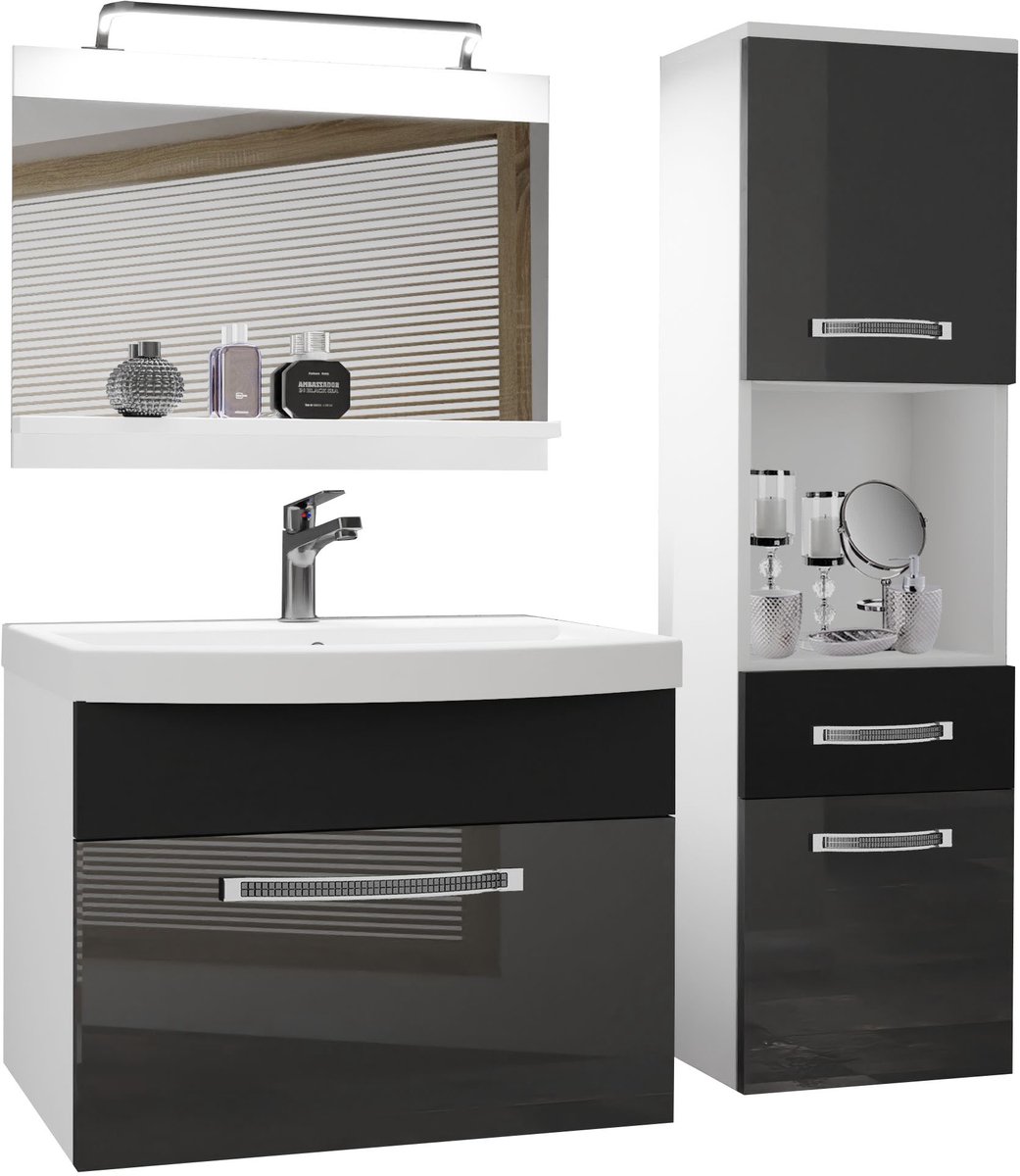 BELINI Badkamermeubel Set GLA PM 3 - Badmeubelset 100 cm Zilver Zwart Hoogglans Mat met Wastafel, Spiegel en LED Lamp - Wandmontage