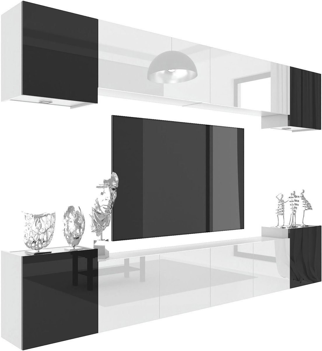 BELINI Wandmeubel Milano 4 300 cm Wit/Zwart Hoogglans - TV-Wand Greeploos - Moderne Woonwand met Gasliftsysteem - Modulair TV-Meubel