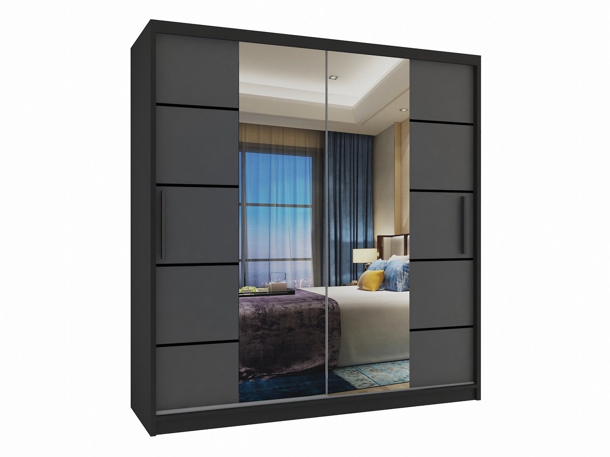 BELINI Verona ME Schuifdeurkast 158 cm Zwart/Grijs Mat - Kledingkast met Spiegel - Comfort Line Slaapkamerkast