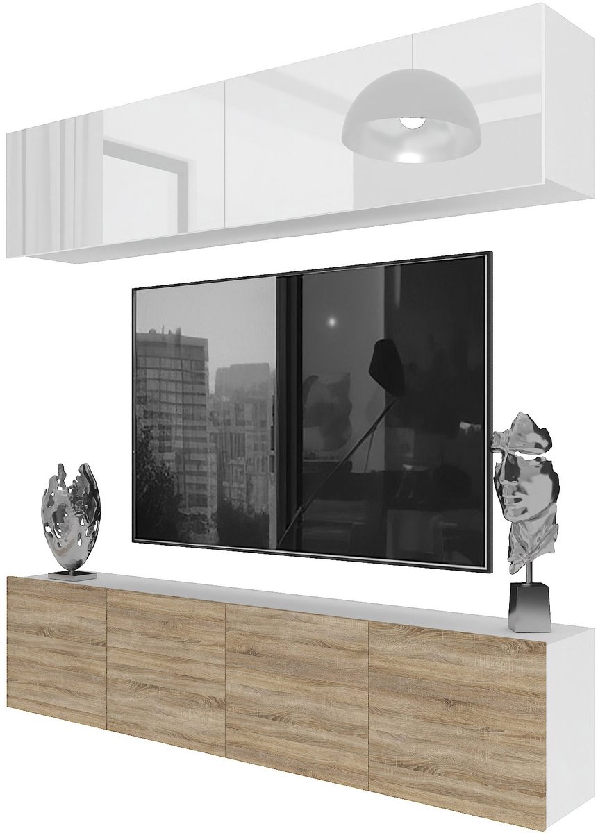 BELINI Wandmeubel Milano 6 200 cm Wit/Sonoma Eiken - TV-Wand Greeploos - Moderne Woonwand met Gasliftsysteem - Modulair TV-Meubel
