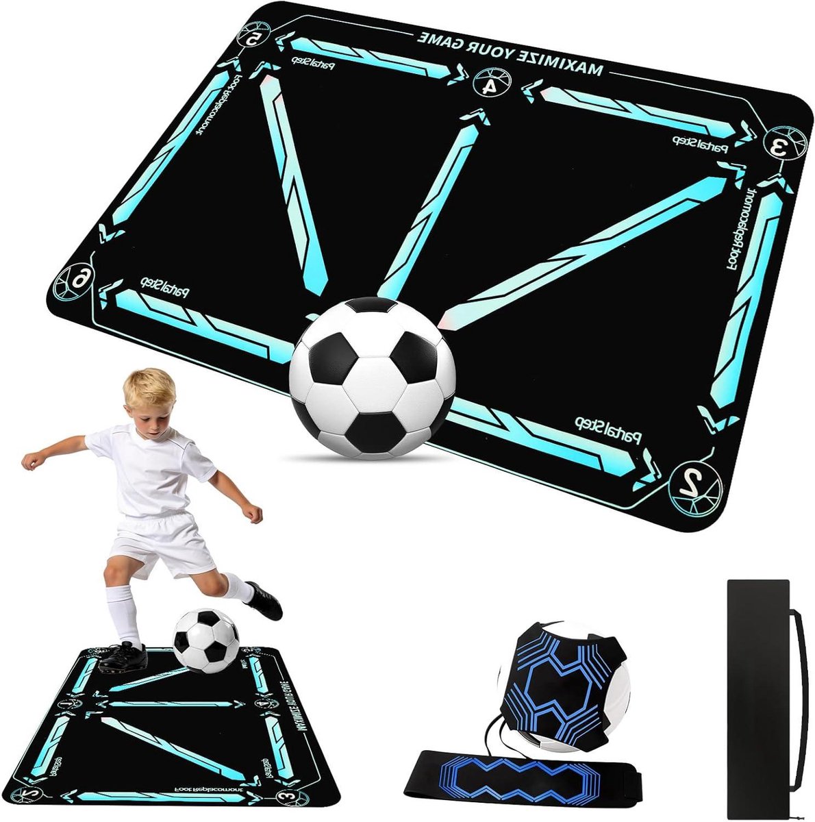 Voetbal Trainingsmat - Balcontrole Oefenen - Voetbaltraining Thuis - Inclusief Balriem - 90 x 60 cm - Blauw Zwart