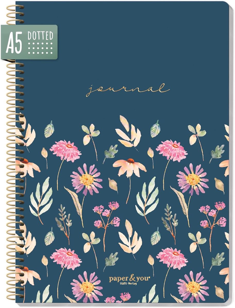 SnelShoppen - Dotted Journal A5 Notitieboek met Spiraal 'Flying Flowers' | 160 Genummerde Pagina's met Puntraster, 100 g/m² Papier, Spiraalbinding voo