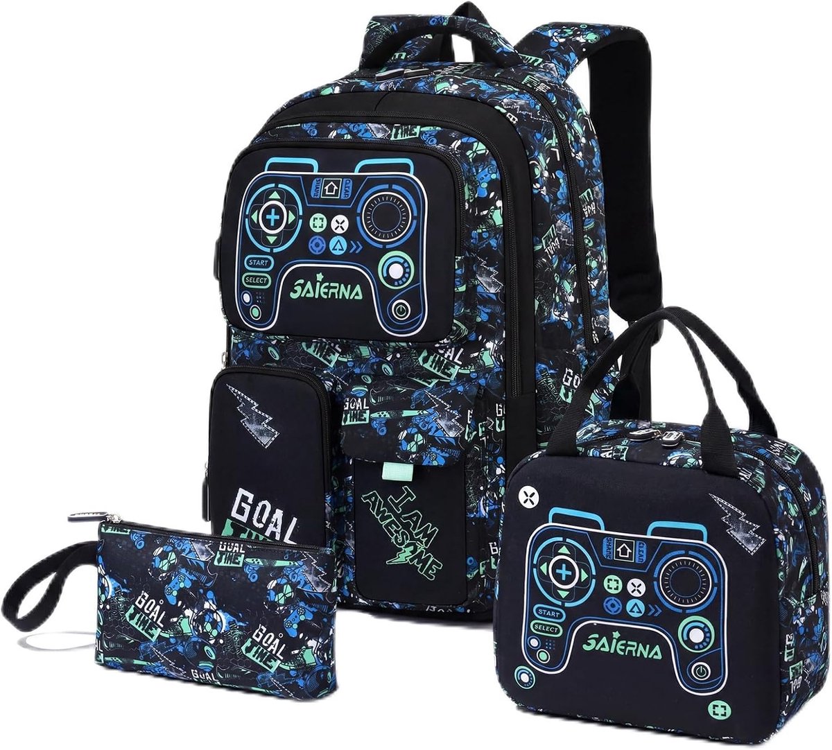 SnelShoppen - Grote Schooltas voor Kinderen, Jongens, 3-delige Set met Lunchbox en Etui, Waterdichte Rugzak met Laptopvak en Borstband voor 3-9e klas,